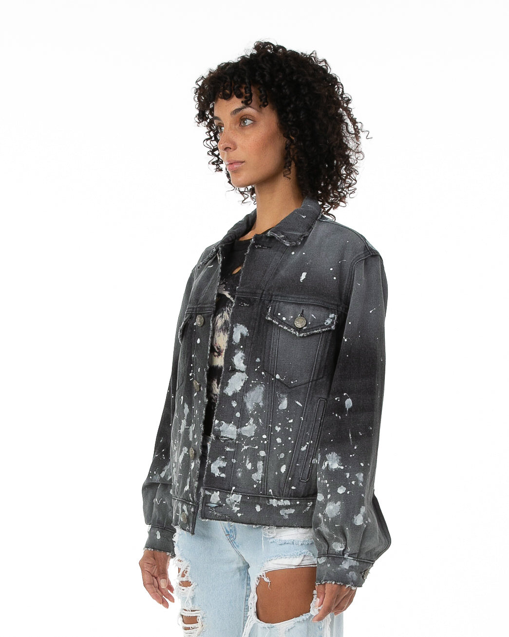 Side of female model wearing Painter's Denim jacket