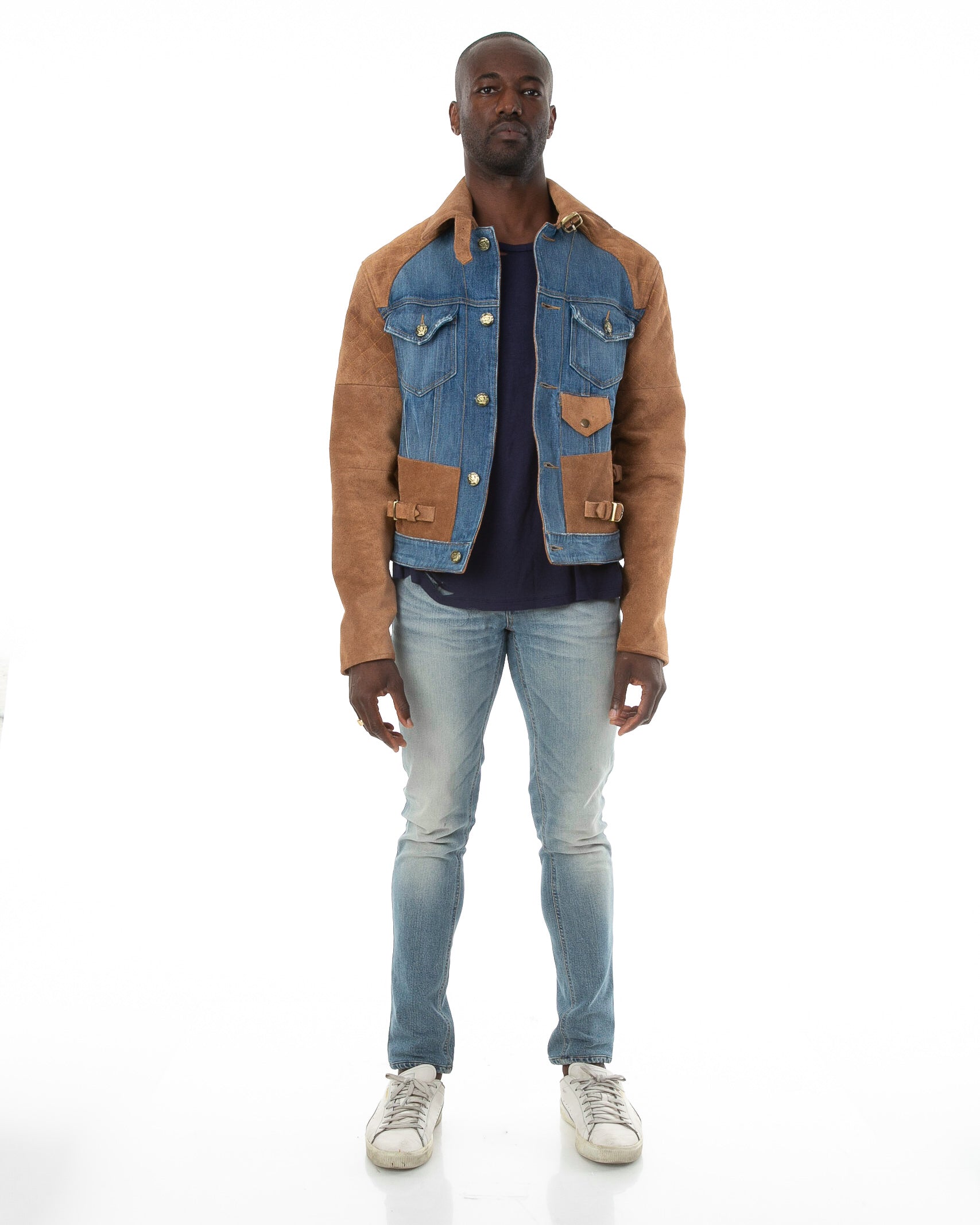 Front of male model wearing 18k suede jacket