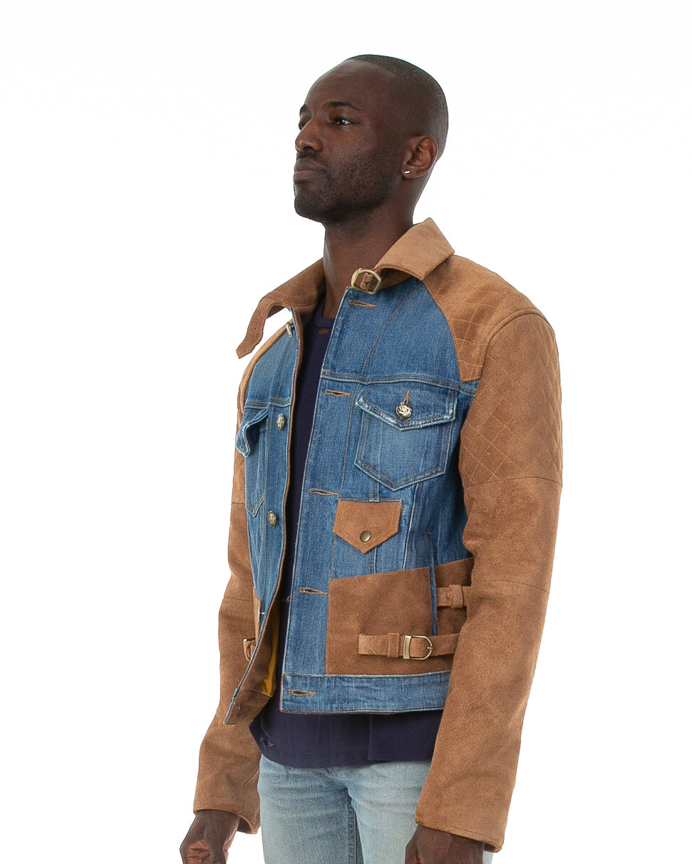 Side of male model wearing 18k suede jacket