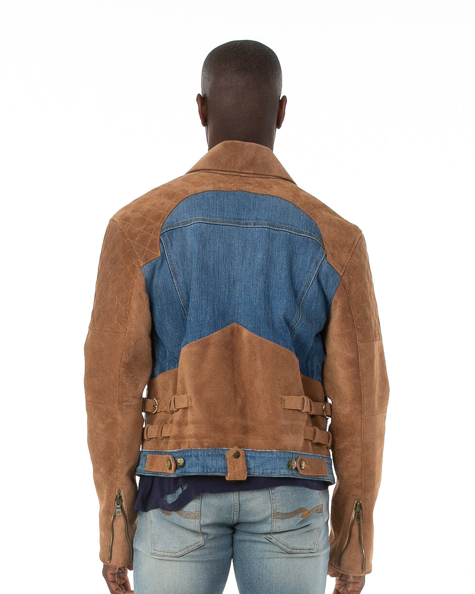 Back of male model wearing 18k suede jacket