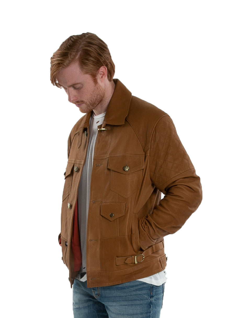 Side of male model wearing Cafe Leather jacket