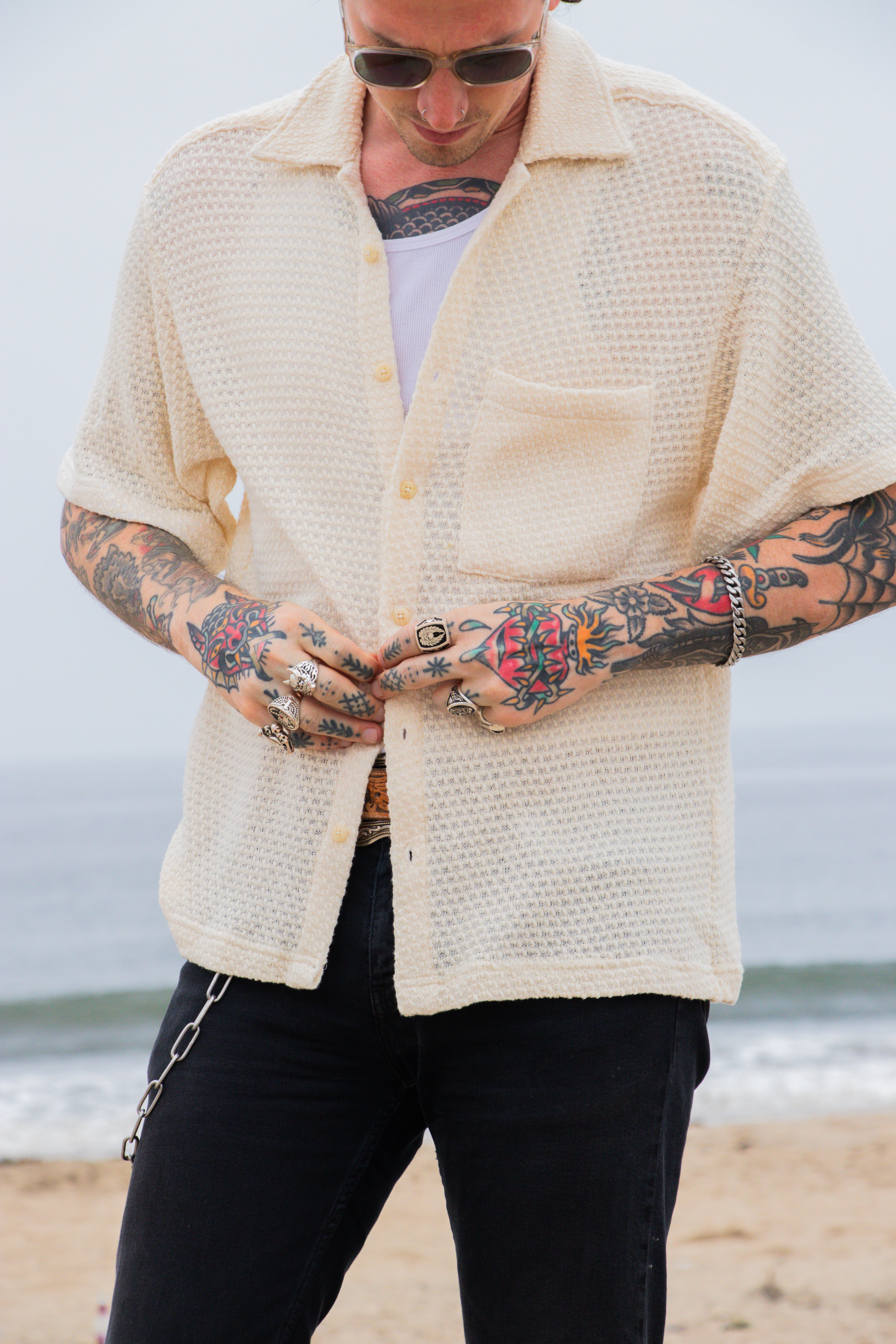 Oversized Pointelle Camp Shirt Cream Oversized Pointelle Camp Shirt Cream