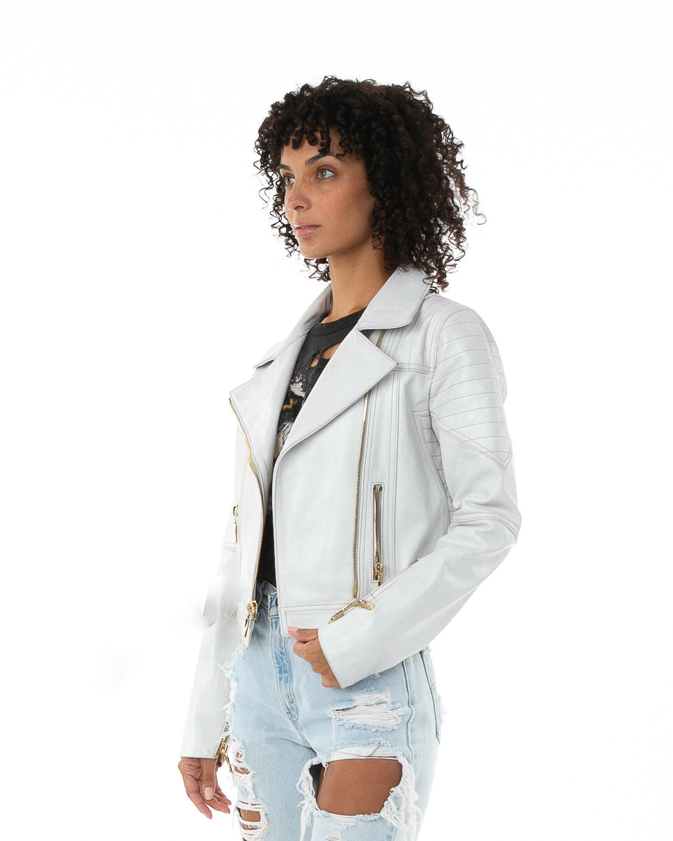 Side of female model wearing Prince leather jacket