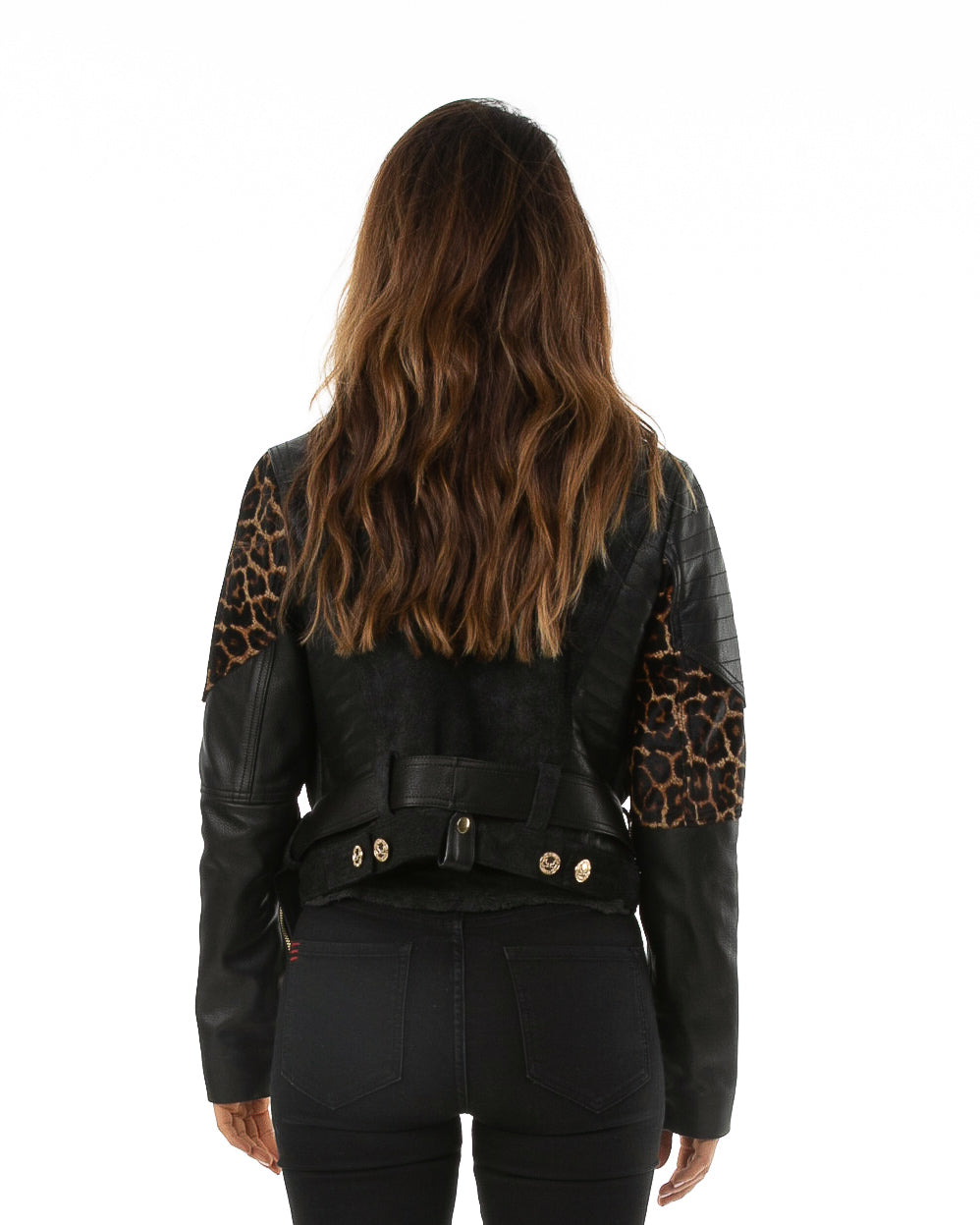 Backside of female model wearing Papi leather jacket