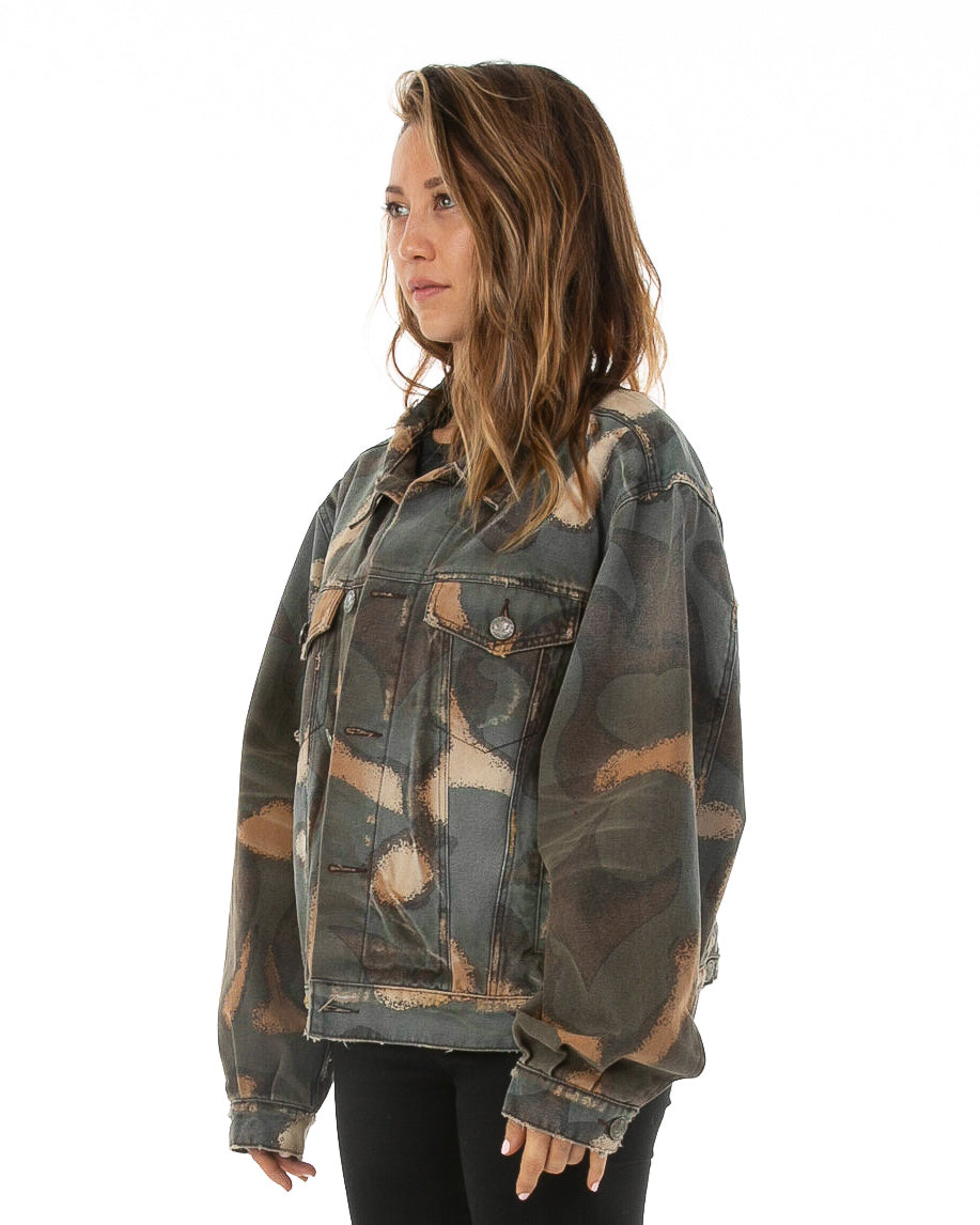 Side of female model wearing WWII Denim jacket