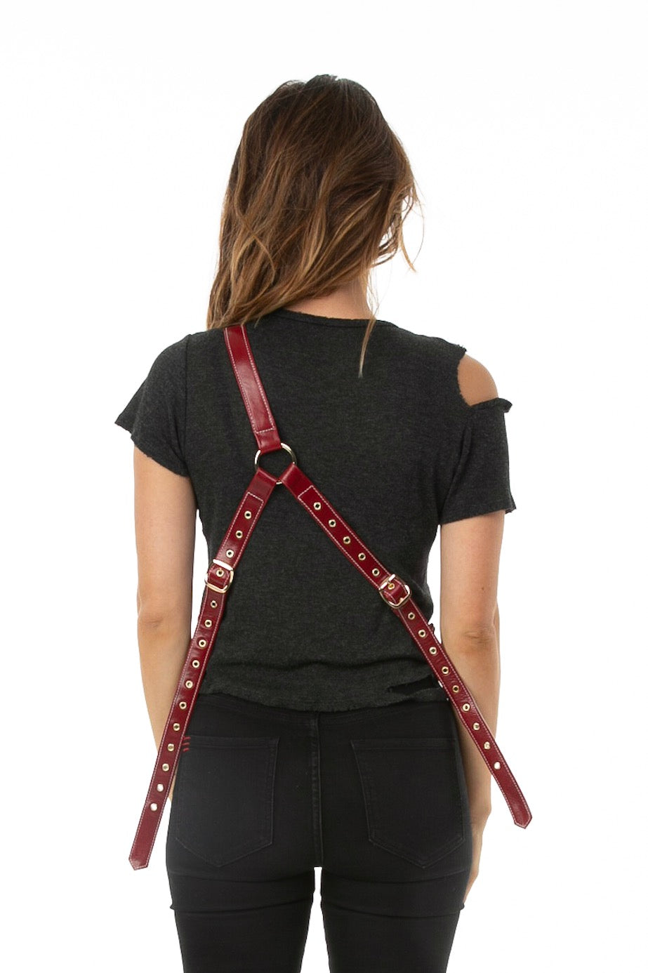 Backside of female model wearing Holster Bag in Red