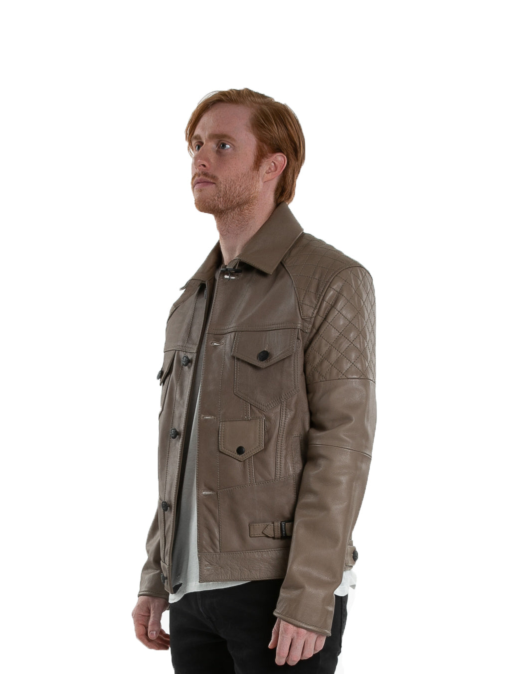 Side of male model wearing Grindstone leather jacket
