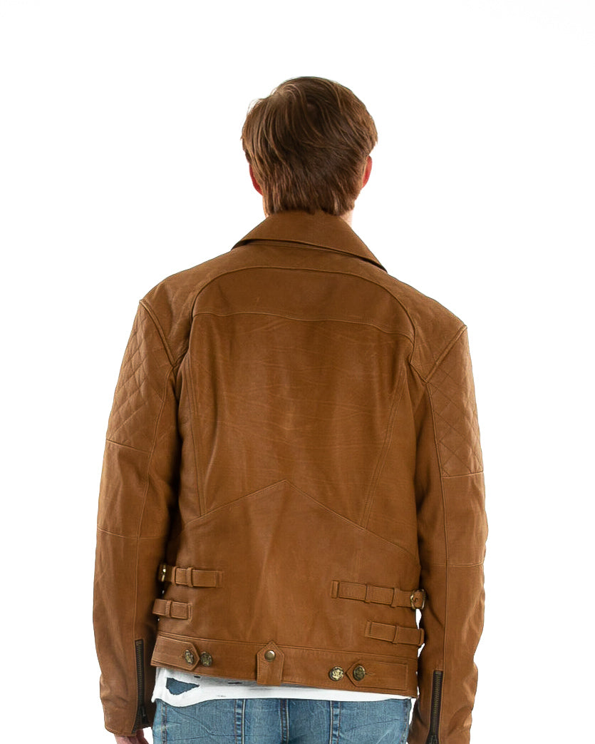 Backside of male model wearing Cafe Leather jacket