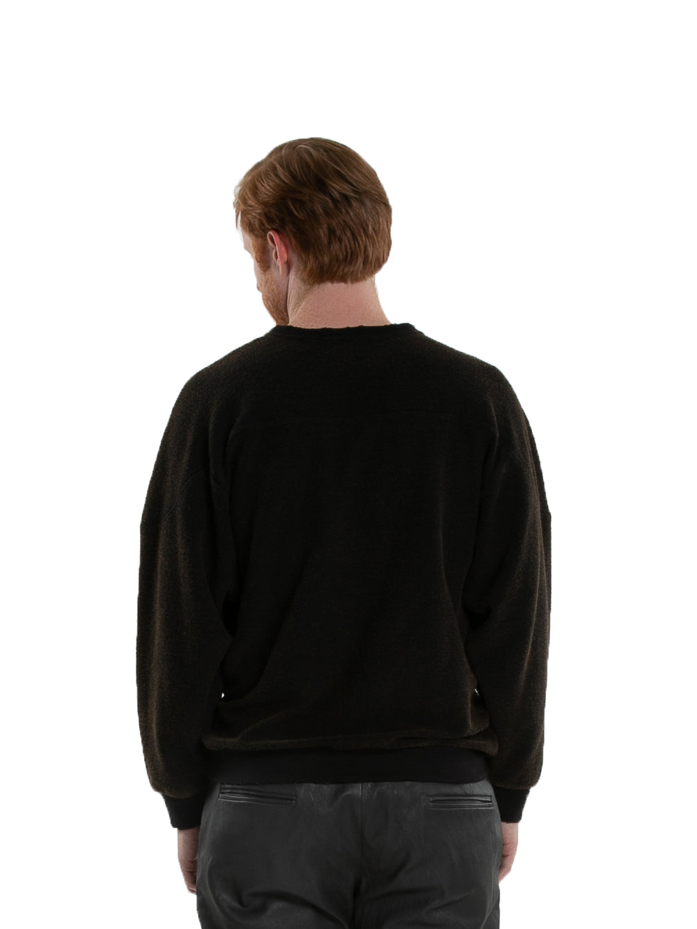 Backside of male model wearing Heavy Crew Sweat in Black